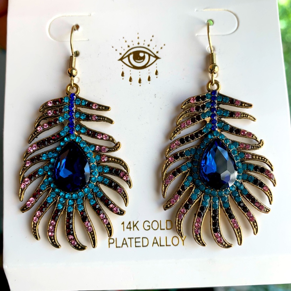 New peacock feather drop earrings